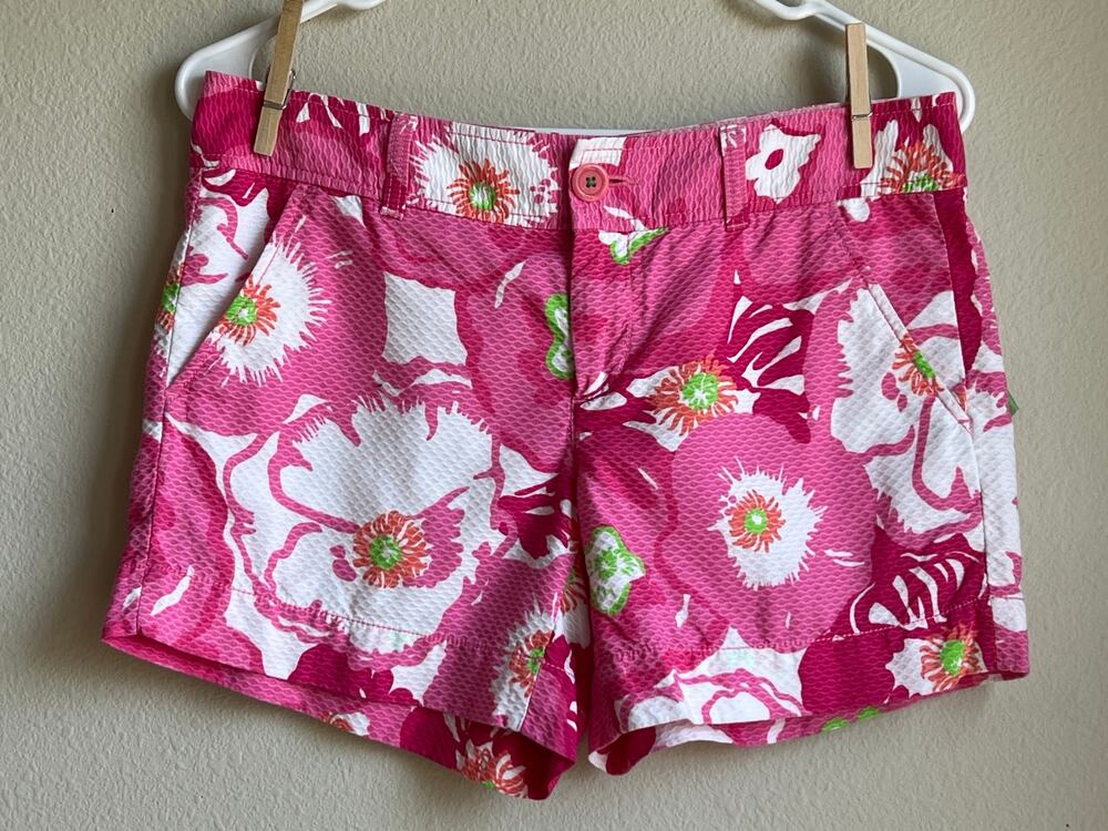 Lilly Pulitzer Callahan Chino Shorts Pink White Poppy Floral Print Size 2